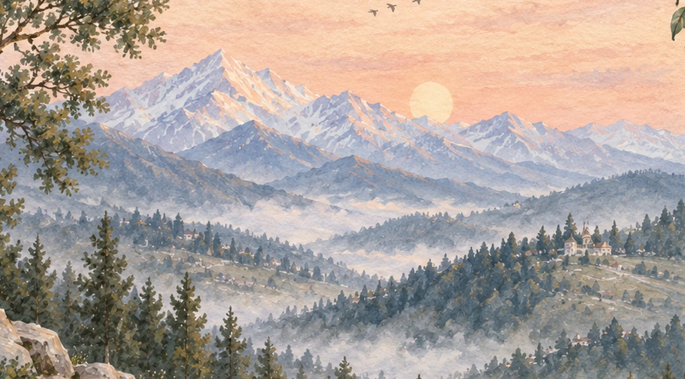 A watercolour illustration of misty Himalayan hills and pine forests